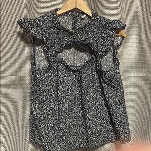 Floral Print Ruffle Sleeve Top - Navy